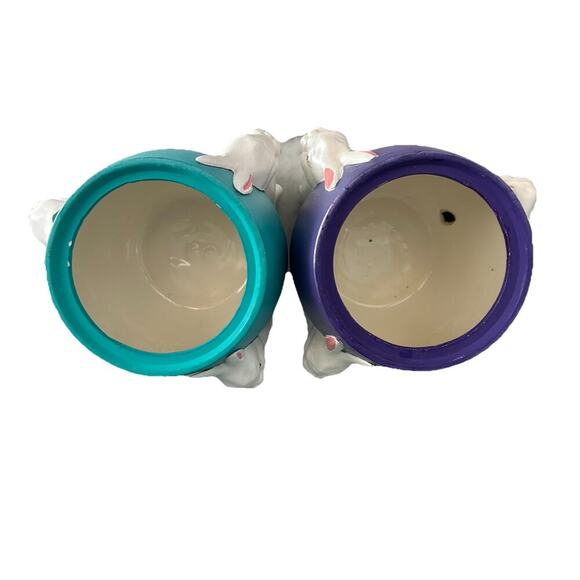 (2) 1960s Ceramic Easter Egg Candy Jar Hand Painted Bunnies Rabbits Purple Teal - Picture 7 of 16